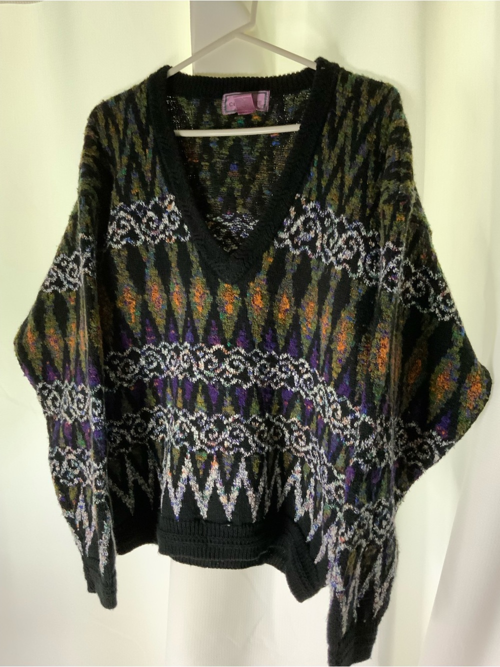 Black V-Neck Sweater with Purple & Orange Geometric Pattern